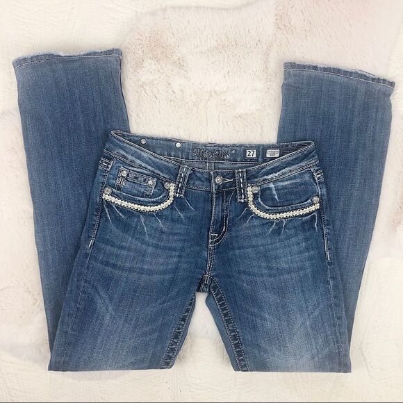 Miss Me Blue White Leather Pocket Boot Cut Jeans Sz 27 - Picture 5 of 6